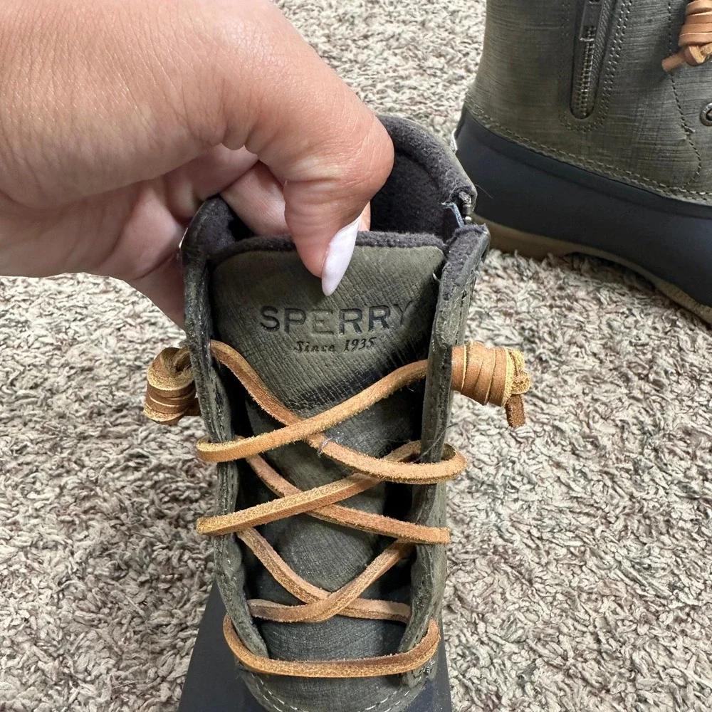 Sperry Saltwater Duck Boots Womens 6.5 Olive Green Black Waterproof STS99729